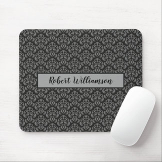 Black and Grey Damask Monogrammed Mouse Pad