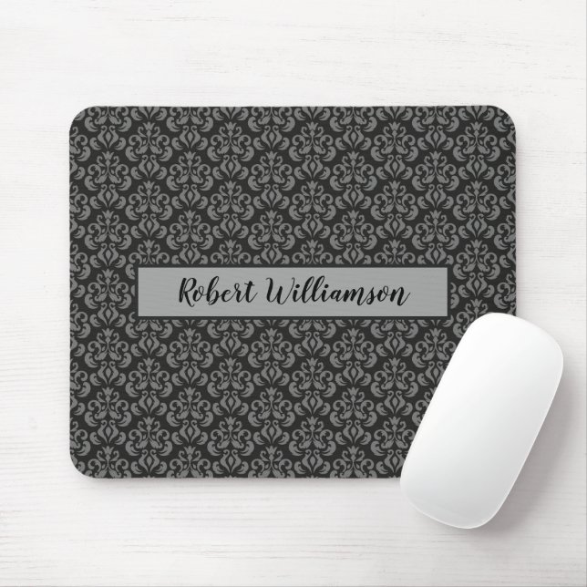 Black and Grey Damask Monogrammed Mouse Pad (With Mouse)