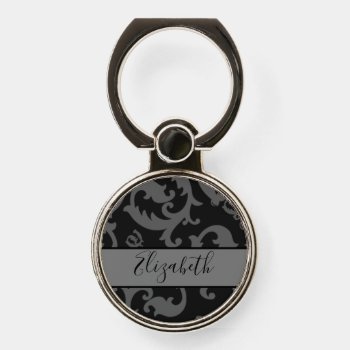 Black And Grey Damask Personalized Phone Ring Stand by capturedbyKC at Zazzle