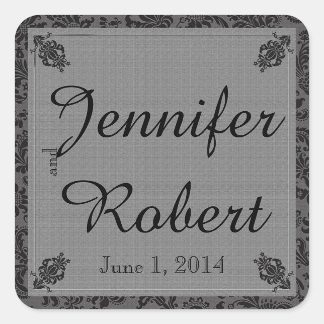 Black and Grey Damask Wedding Envelope Seal (Front)