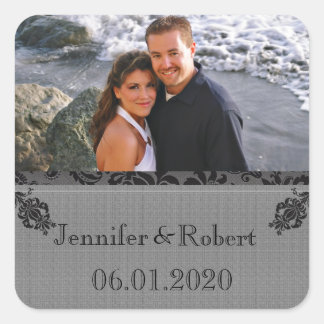 Black and Grey Damask Wedding Square Sticker