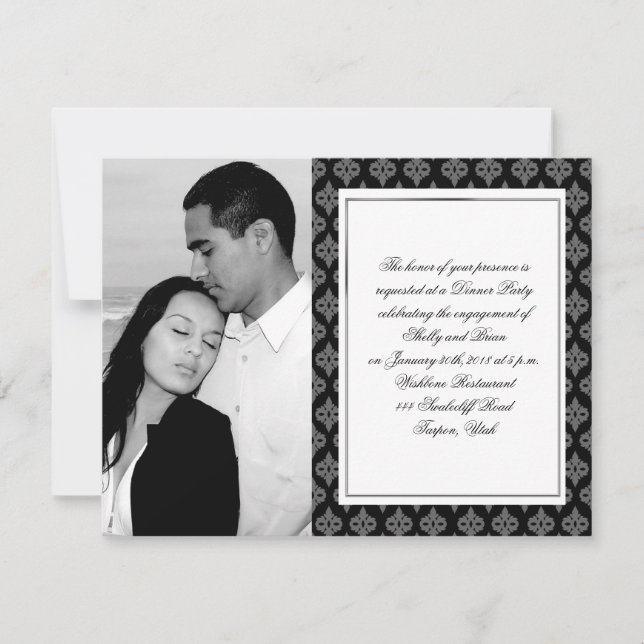 Black and Grey Diamond Damask Wedding Engagement Invitation (Front)
