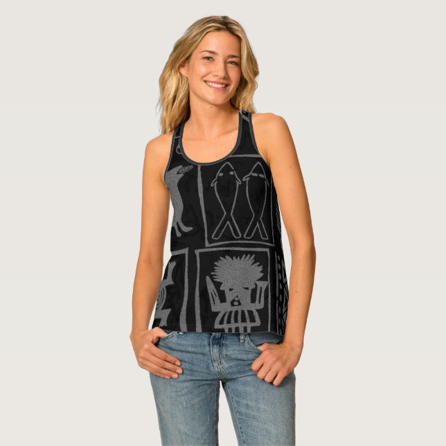 Black and Grey Ethnic Print Women's Tank Top (Front Full)