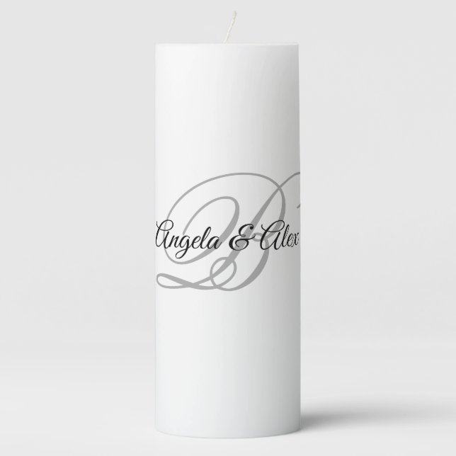 Black and Grey Fancy Calligraphy Script Monogram Pillar Candle (Front)