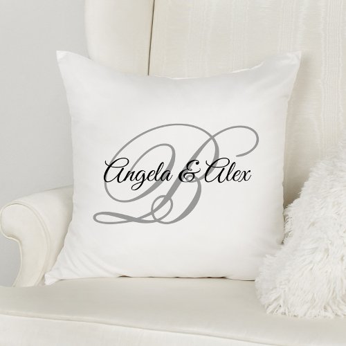 Black and Grey Fancy Wedding Monogram Throw Pillow