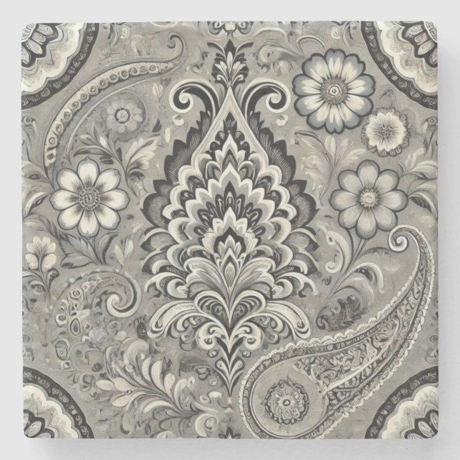 Black and Grey Floral Paisley Elegance Stone Coaster (Front)