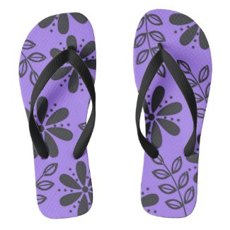 Black and Grey Floral, Purple Flip Flops