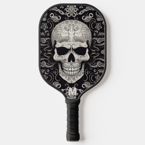 Black and Grey Gothic Scull Texture Monogram  Pickleball Paddle