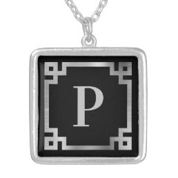 Black and Grey Greek Key Border Monogram Silver Plated Necklace
