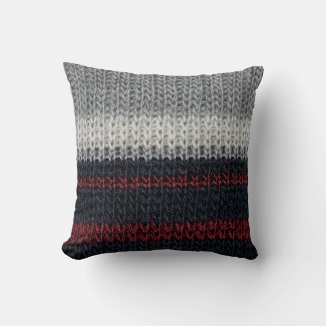 Black and grey knitting wool with red and white st throw pillow (Front)