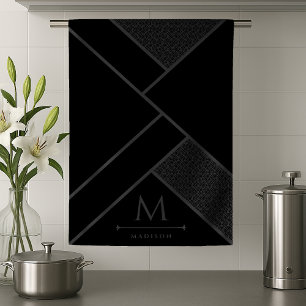 Black and Grey Modern Geometric Wavy Curved Lines Kitchen Towel