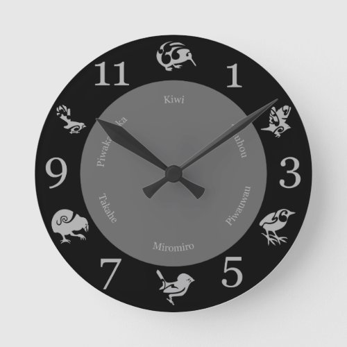 Black and grey  New Zealand birds wall clock