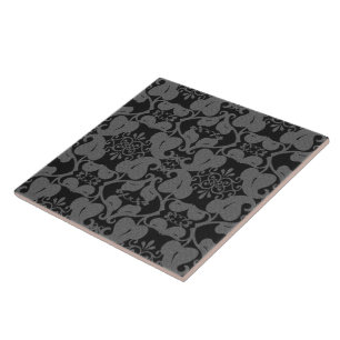 Black And Grey Ornate Modern Elegant Leaf Pattern Ceramic Tile
