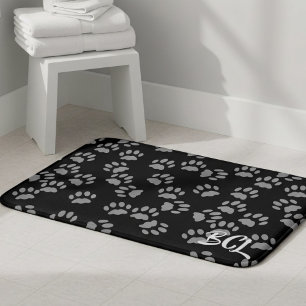 Black and Grey Paw Print Pattern Bath Mat