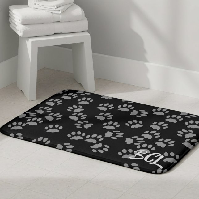 Black and Grey Paw Print Pattern Bath Mat (Looking for a quick bathroom update? Add your initials to this black and grey paw print bath mat )
