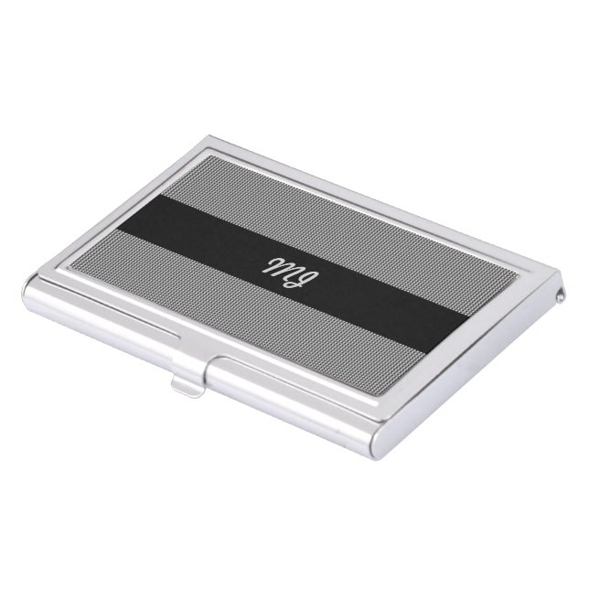 Black and Grey Plaid with Initials Business Card Case (Front)