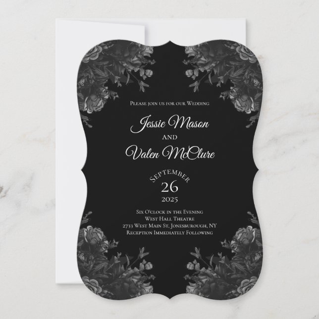 Black and Grey Roses Gothic Elegant Wedding Invitation (Front)