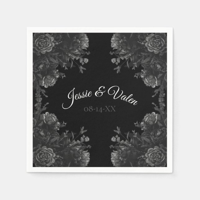 Black and Grey Roses Gothic Wedding Napkins (Front)