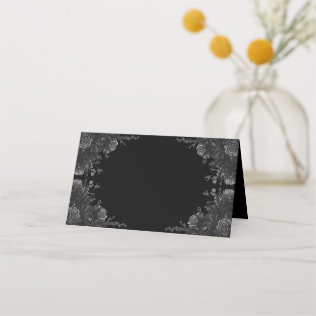 Black and Grey Roses Gothic Wedding Place Card (Front)