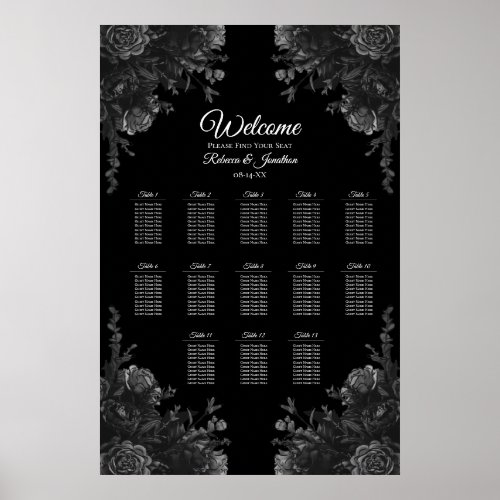 Black and Grey Roses Gothic Wedding Seating Chart