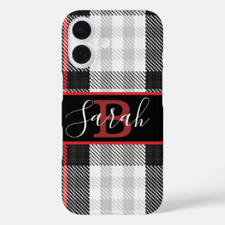 Black and Grey Tartan Checkered Red font iPhone 16 Case