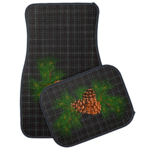 Black and Grey Tartan -pine cone Car Floor Mat