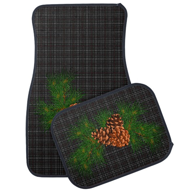 Black and Grey Tartan -pine cone  Car Floor Mat (Set)