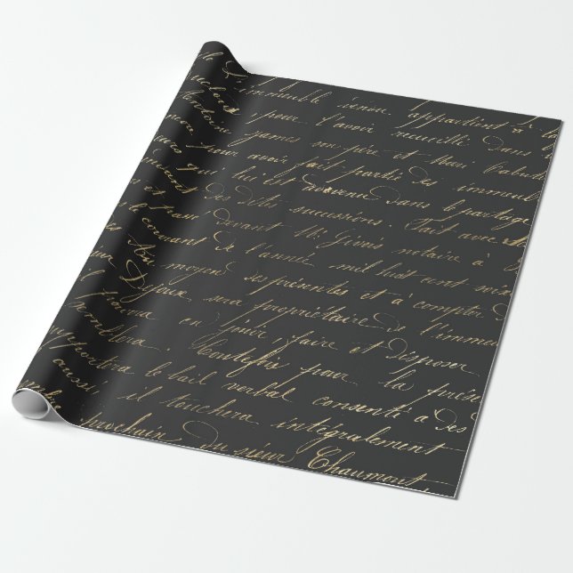 Black and Grey Vintage Parisian Calligraphy Wrapping Paper (Unrolled)