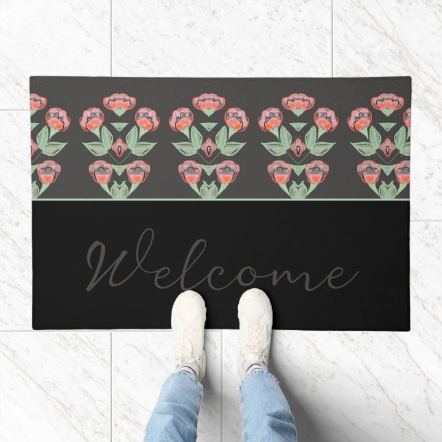 Black And Grey With Floral Pattern Doormat (Indoor)
