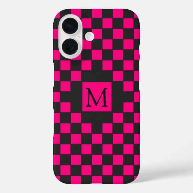 Black and Hot Pink Checkerboard Pattern Monogram Case-Mate iPhone Case (Back)