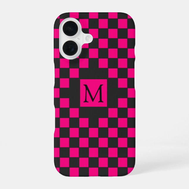Black and Hot Pink Checkerboard Pattern Monogram Iphone Case (Back)
