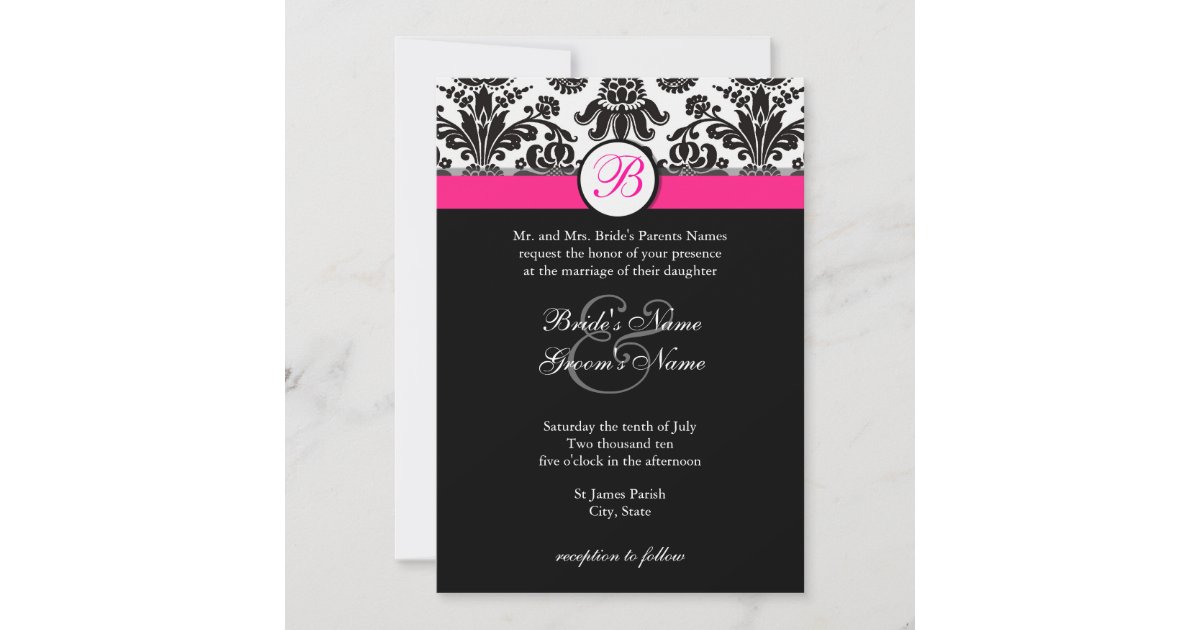 Black and Hot Pink Damask Wedding Invitation | Zazzle