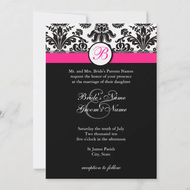 Black and Hot Pink Damask Wedding Invitation | Zazzle