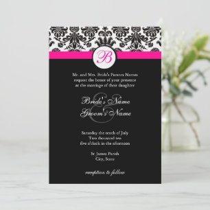 Black and Hot Pink Damask Wedding Invitation
