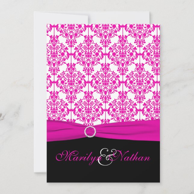 Black and Hot Pink Damask Wedding Invitation (Front)