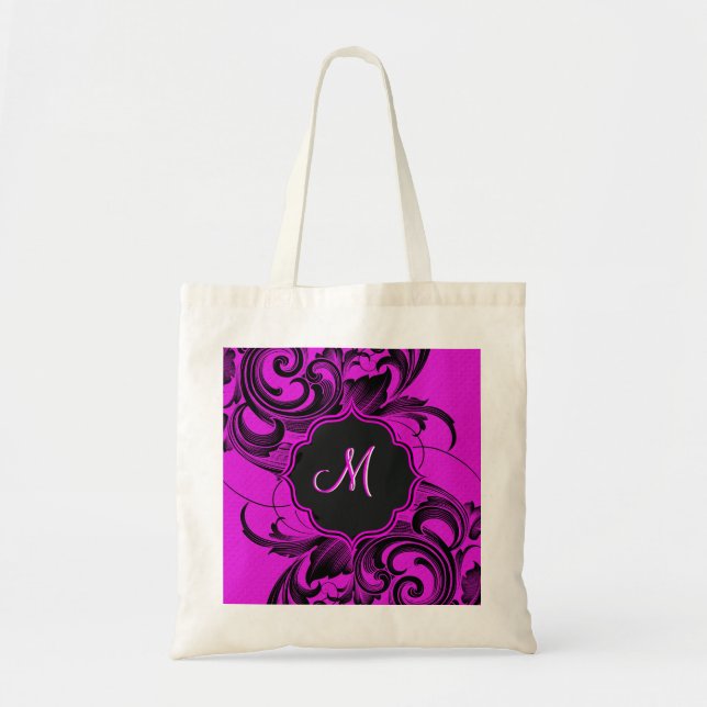 Black And Hot Pink Elegant Floral Swirls-Monogram Tote Bag (Front)