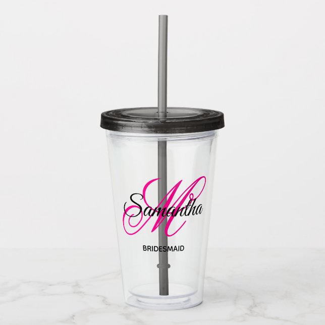 Black and Hot Pink Fancy Monogram Bridesmaid Acrylic Tumbler (Front)