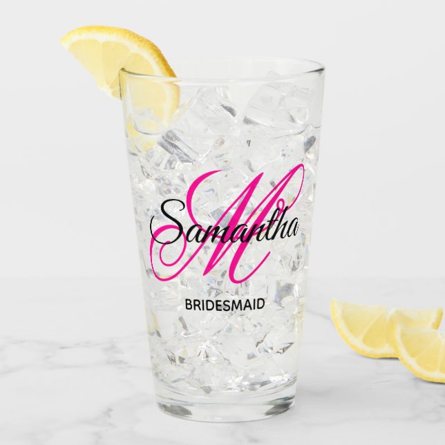 Black and Hot Pink Fancy Monogram Bridesmaid Glass (Front Ice)