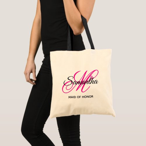 Black and Hot Pink Fancy Monogram Maid of Honor Tote Bag
