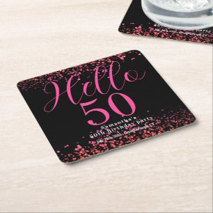 Black and Hot Pink Faux Glitter 50th Birthday Square Paper Coaster