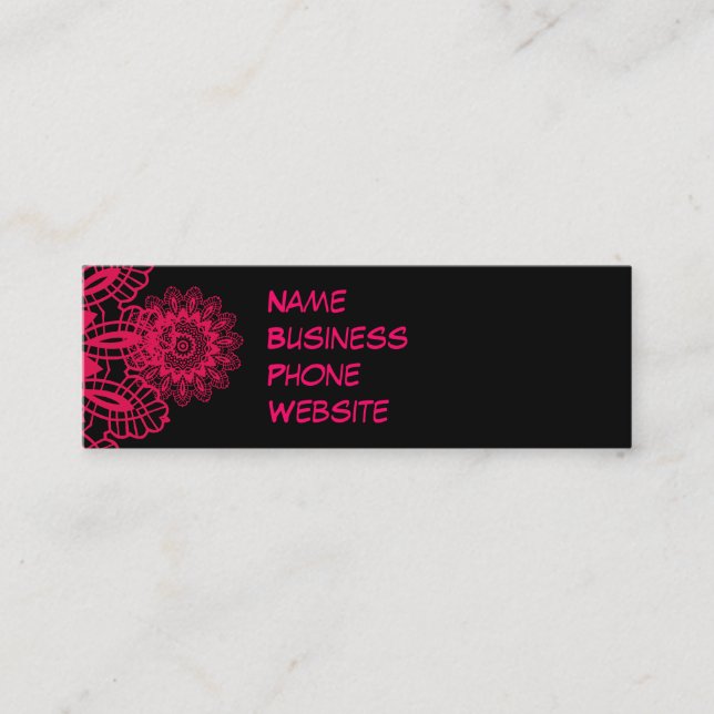 Black and Hot Pink Fuchsia Lace Snowflake Design Mini Business Card (Front)
