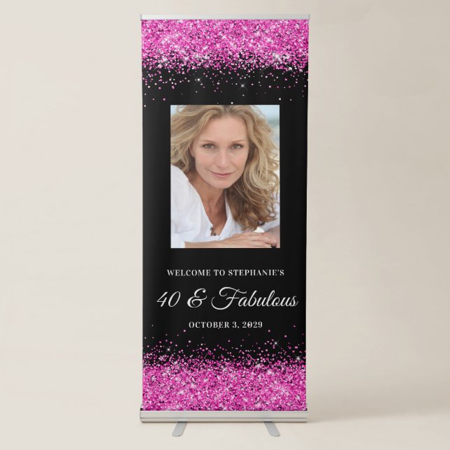 Black and Hot Pink Glitter 40 & Fabulous Welcome Retractable Banner (Front)