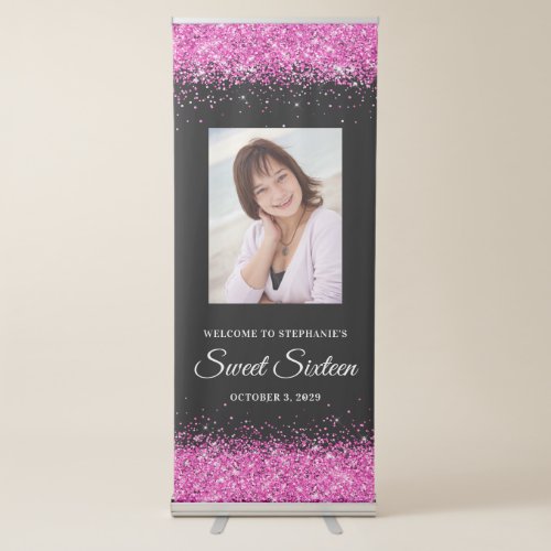Black and Hot Pink Glitter Sweet Sixteen Welcome Retractable Banner