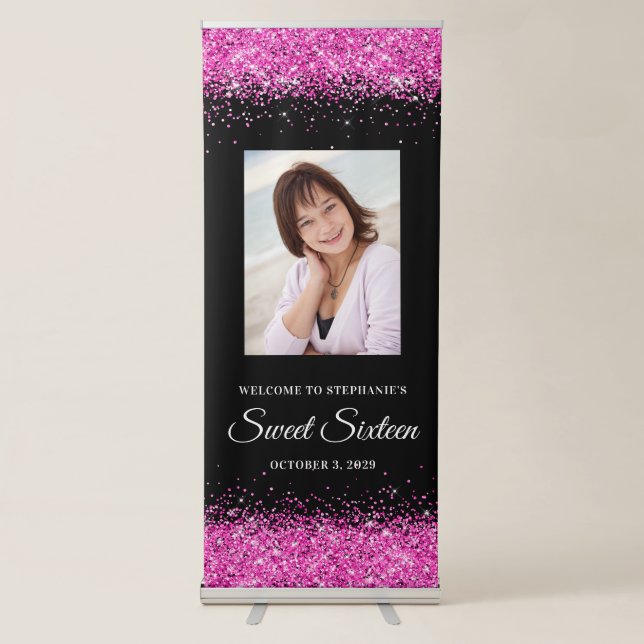 Black and Hot Pink Glitter Sweet Sixteen Welcome Retractable Banner (Front)