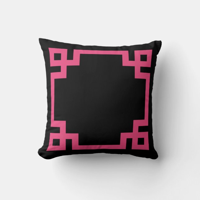 Black and Hot Pink Greek Key Border Throw Pillow (Front)