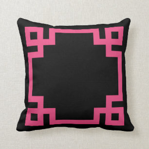 Black and Hot Pink Greek Key Border Throw Pillow