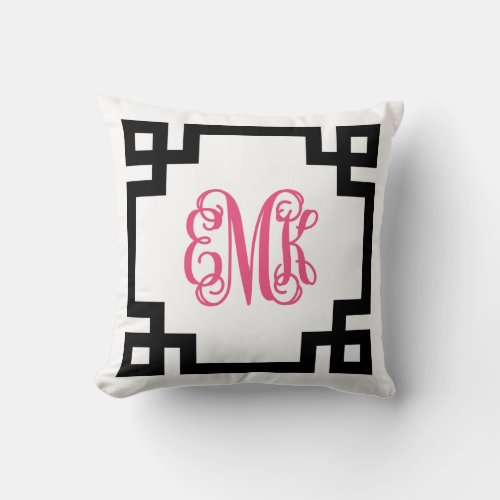 Black and Hot Pink Greek Key Script Monogram Throw Pillow