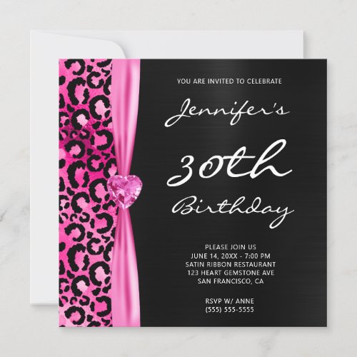 Black and Hot Pink Leopard Glam 30th Birthday Invitation