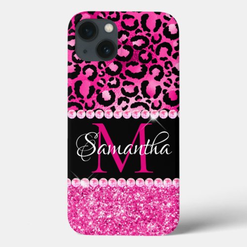 Black and Hot Pink Leopard Spot Glam Monogram iPhone 13 Case