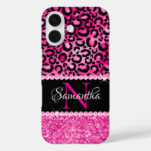 Black and Hot Pink Leopard Spot Glam Monogram iPhone 16 Case